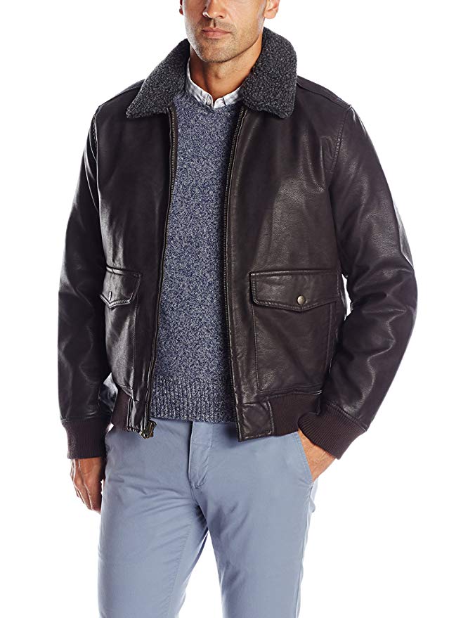 Dockers Men's Rugged Cow Leather Look Two Pocket Aviator Bomber W. Removable Sherpa Collar