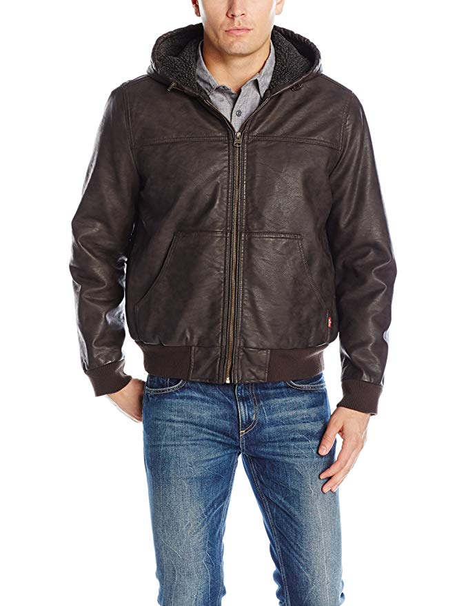 Levi's Men's Sherpa Lined Rugged Buffed Cow Faux Leather Hooded Bomber Jacket