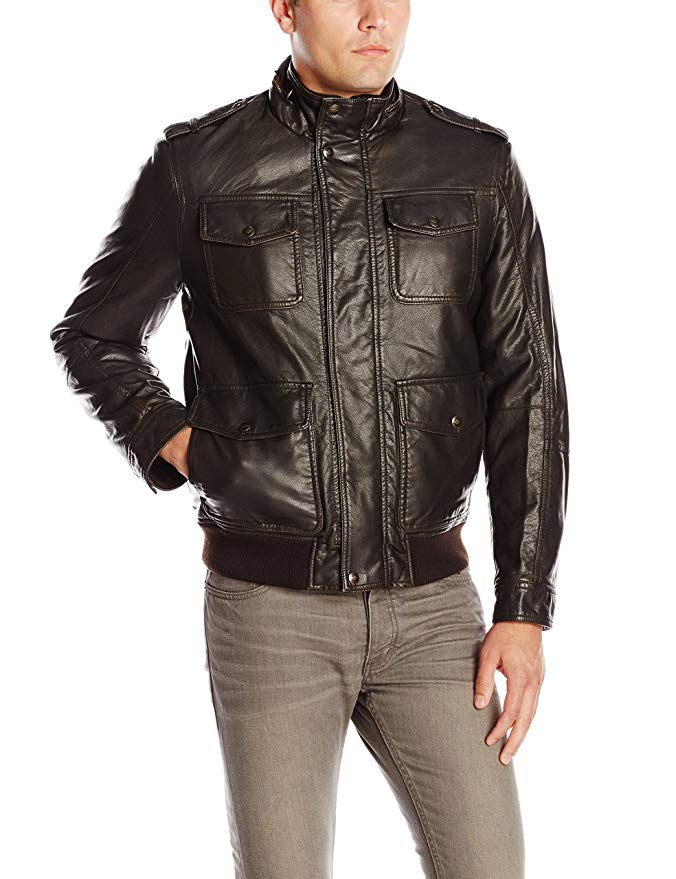 Dockers Men's Faux-Leather Four-Pocket Bomber Jacket with Hood