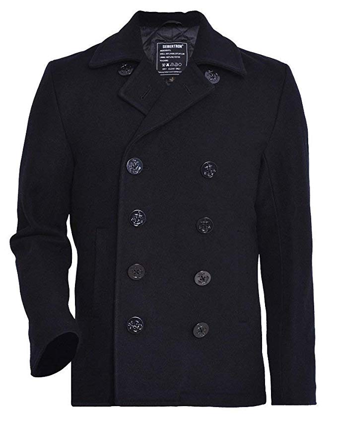 Seibertron Men's Woolen Coat US Navy Type 80% Wool USN Pea Coat