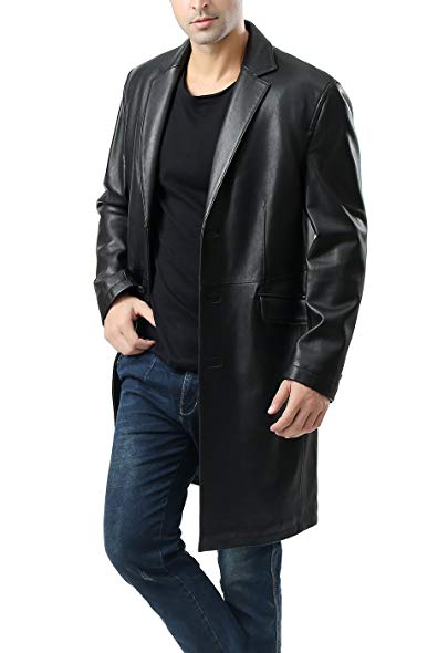 BGSD Men's New Zealand Lambskin Leather Long Coat (Regular & Tall)