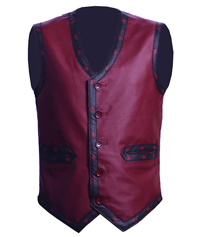 Mens Designer Embroided Maroon Biker Fashion Leather Vest Halloween Costume Men's Leather Vest◄