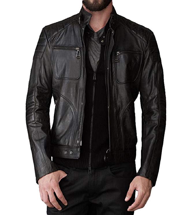 Leather Bomber Men's Motorcycle Biker Lambskin Leather Jacket Black