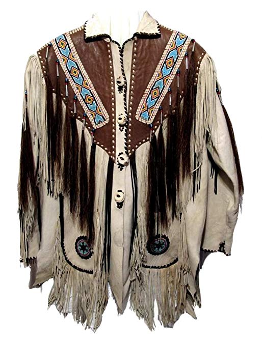 Classyak Men's Western Fringed, Beaded and Bones Leather Jacket