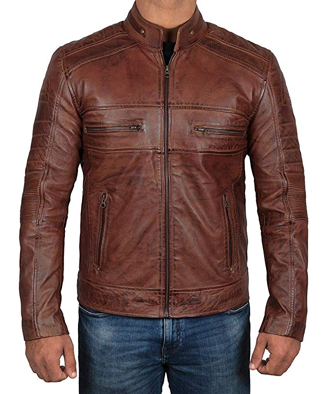 Genuine Brown Leather Jacket Men - Motorcycle Distressed Lambskin Leather Jackets for Men