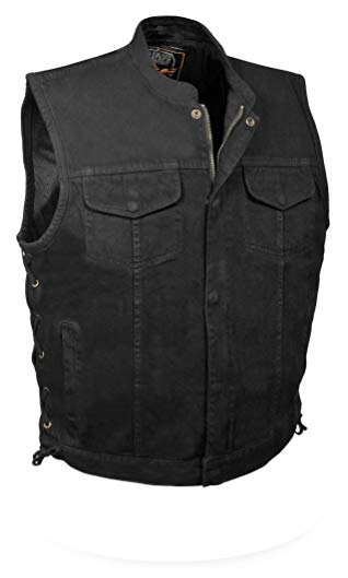 Men's Side Lace Denim Club Style Vest w/ Hidden Zipper (Black,)