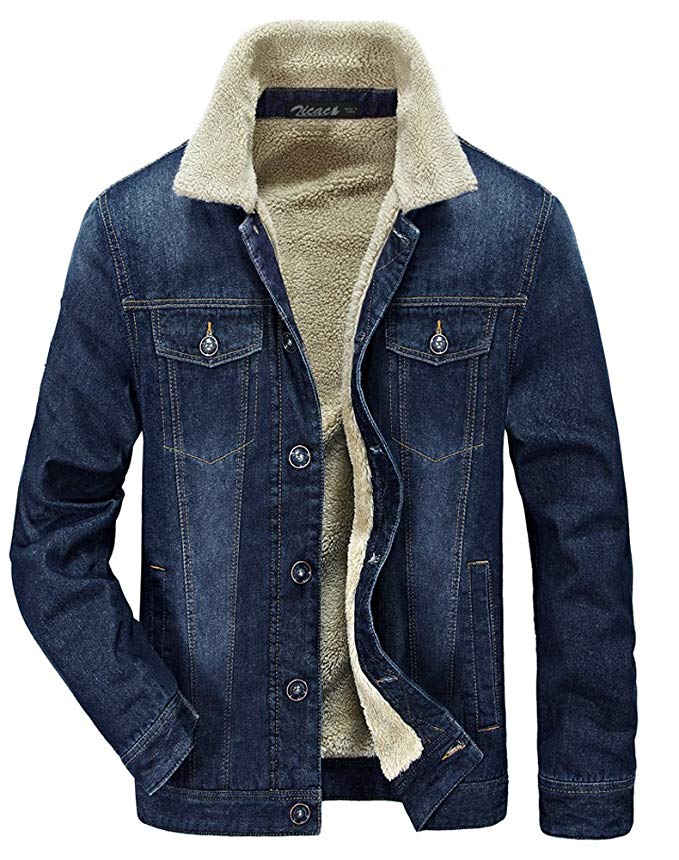 Zicac Men's Fleeced Denim Jacket Winter Fall Warm Cowboy Coat Outerwear Parka