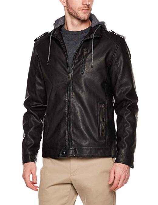 Trimthread Men's Winter Stylish Front Zip Sherpa Lined Faux Leather Biker Jacket Detachable Hood
