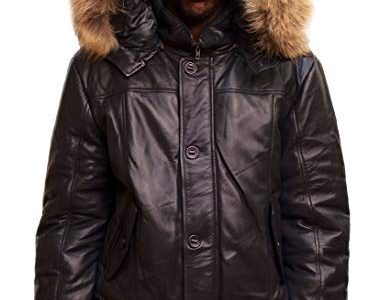 Men’s Winter Warm Genuine Leather Bomber Jacket with Real Fur Hood Brown Navy Black Review