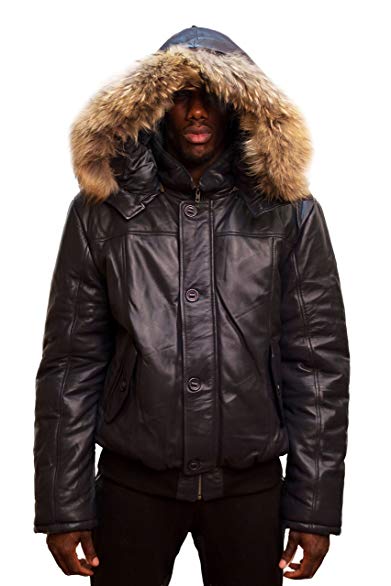 Men's Winter Warm Genuine Leather Bomber Jacket with Real Fur Hood Brown Navy Black