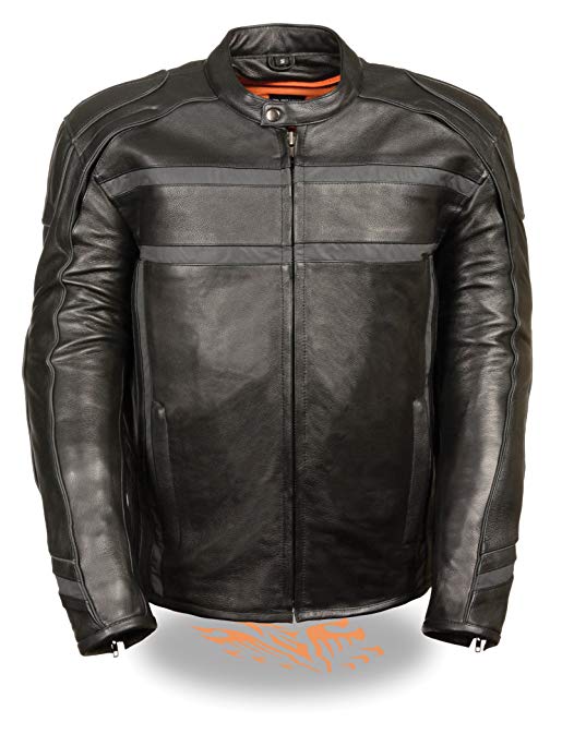 MEN’S MOTORCYCLE REFLECTIVE STRIPE SCOOTER COW LEATHER VENTS JACKET SIDE STRETCH (3XL Regular)