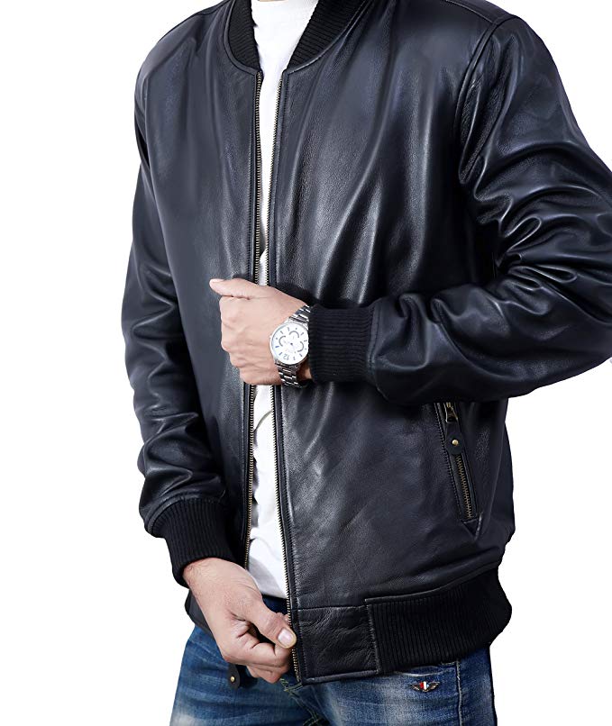 Bomber Jacket men, Black Genuine Lambskin Leather Jacket for Men, Novelty Style