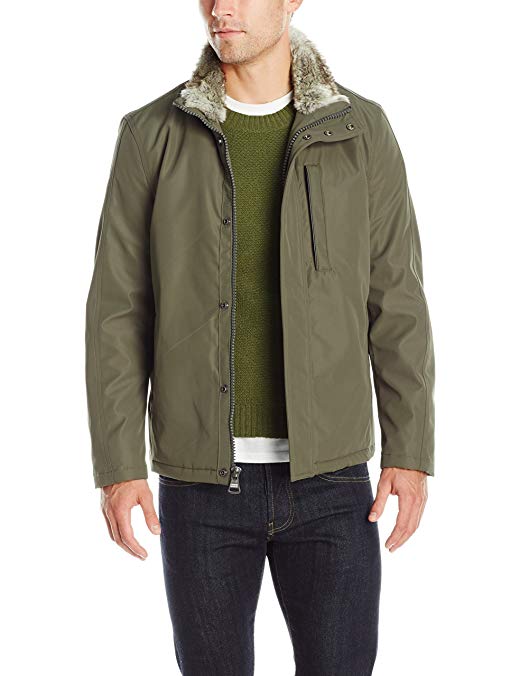 Marc New York by Andrew Marc Men's Kips Bay City Rain Jacket with Faux Fur Trim Collar