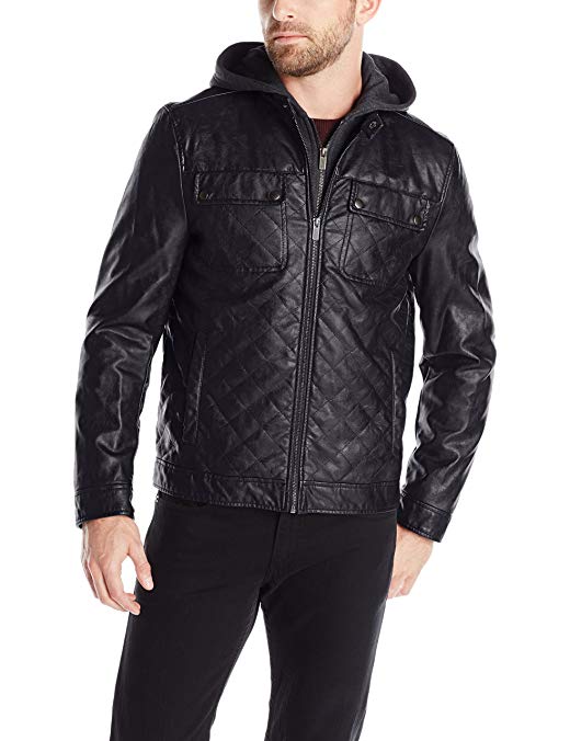 Kenneth Cole REACTION Men's Quilted Faux-Leather Moto Jacket With Hood