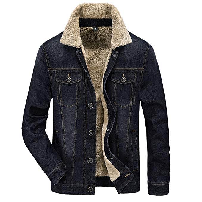 Pishon Men's Denim Jean Jacket Button Front Slim Fit Sherpa Lined ...